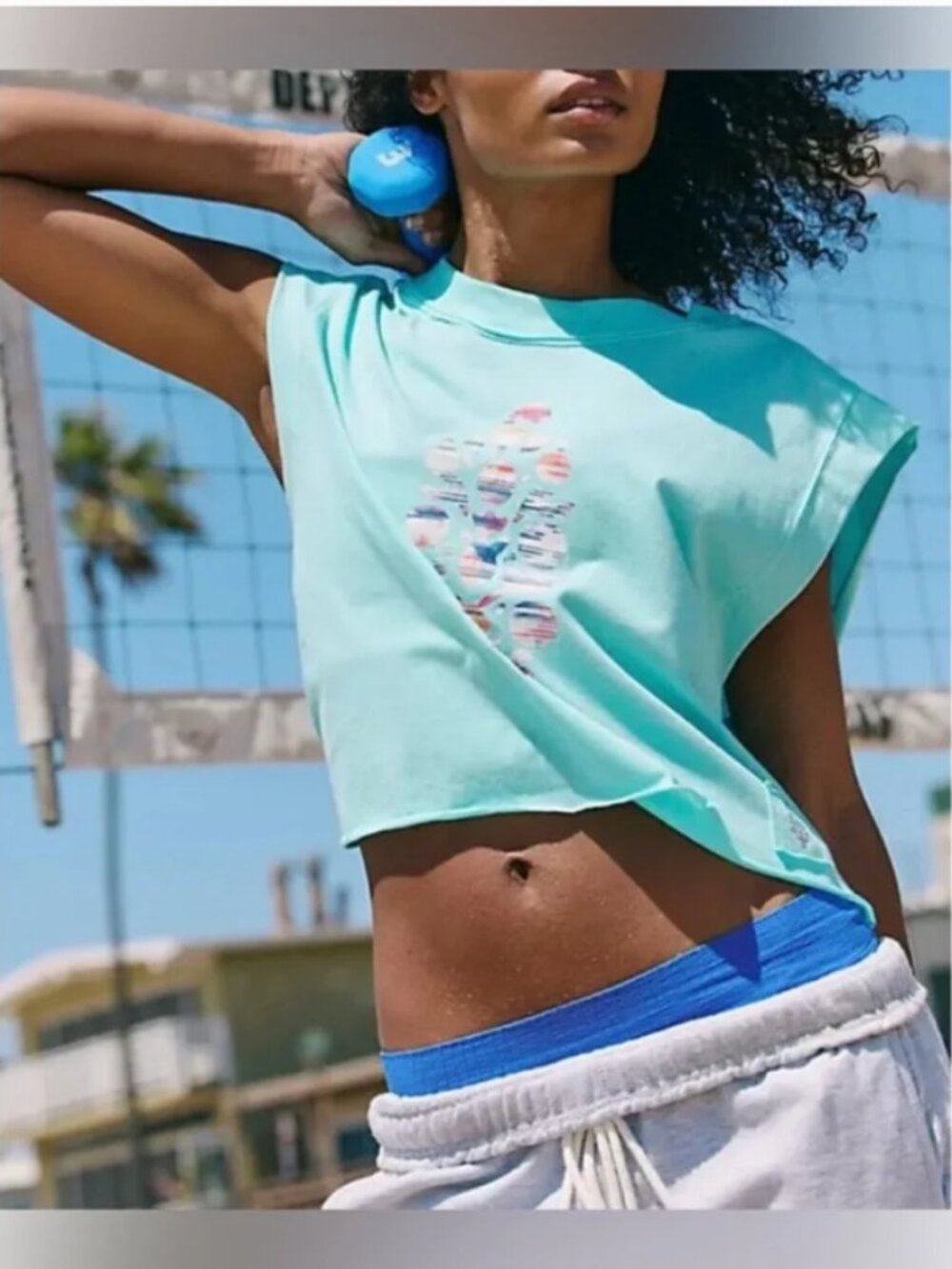 NWOT Free People FP Movement Inspire Logo Tank Ikat Buti Light Turquoise